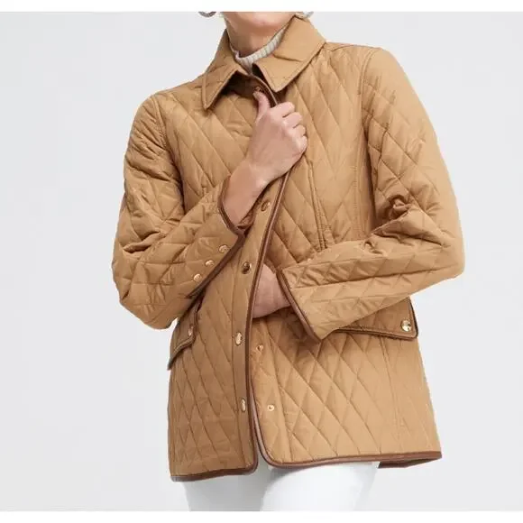 Chico's Quilted Midlength Jacket Neutral Tan Faux Leather Trim Size 3/US 16/18 - Picture 1 of 7